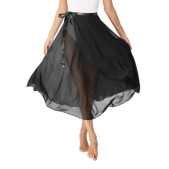 Kaerm Women Sheer Ballet Wrap Skirts Solid Color Flowy Skirts Lace-up Apron Dance Skirts Black One Size