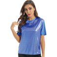thumbnail image 1 of Kaerm Women Short Sleeve Raves Party Sparkles Glitter Blouse Shiny Tops Holographic Metallic Shirt Blue L, 1 of 6