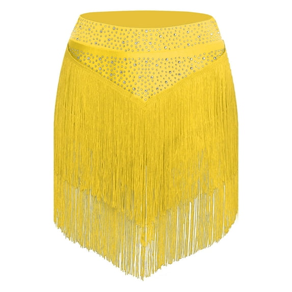 Kaerm Women Tassel Latin Dance Skirt Irregular Hem Length Fringe Salsa Tango Rumba Dancewear Yellow XXL