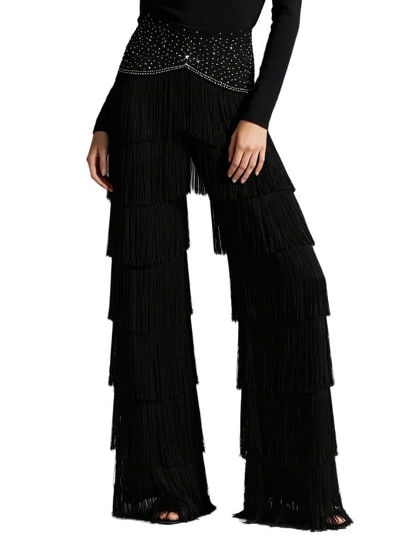 Women Tassels Latin Dance Pants Rhinestone Layered Fringed Trousers Black M