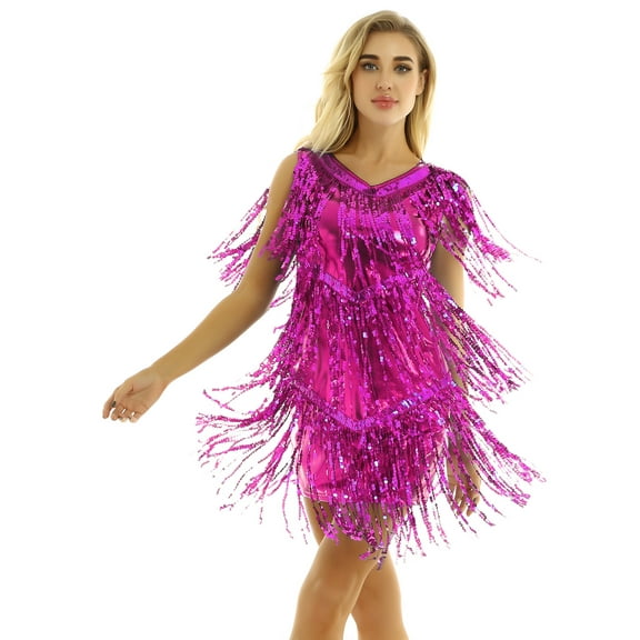 Kaerm Women's 1920s Flapper Cocktail Party Dress Sequin Tassel Latin Rumba Ballroom Dance Dress Rose XX