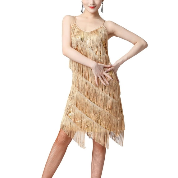 Kaerm Women's 1920s Flapper Dress Spaghetti Straps Sequin Fringe Latin Dance Dress Party Dancewear Gold L