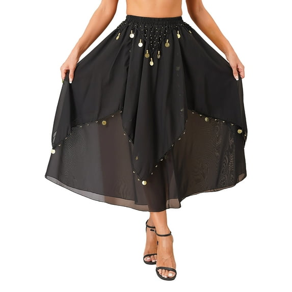 Kaerm Women's Bell Dance Chiffon Skirt with Coin Tribal Folk Dance Swing Dress Belly Dancewear Black One Size