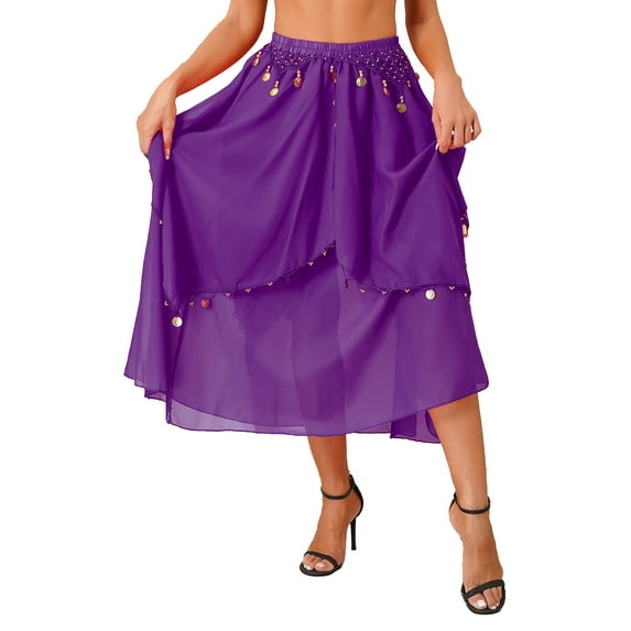 Kaerm Women's Bell Dance Chiffon Skirt with Coin Tribal Folk Dance Swing Dress Belly Dancewear Purple One Size