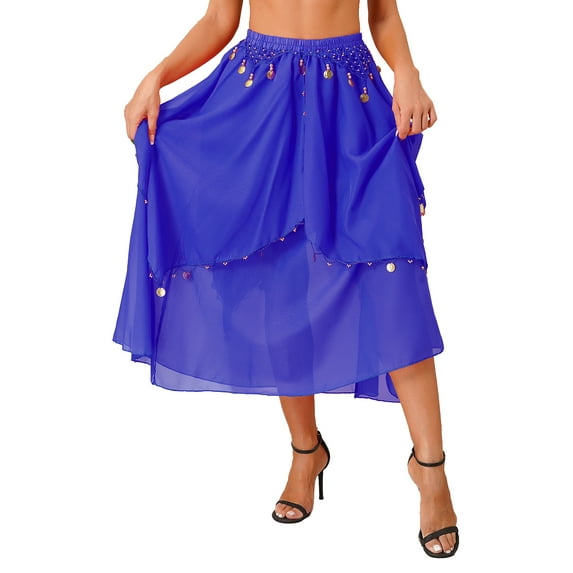 Kaerm Women's Bell Dance Chiffon Skirt with Coin Tribal Folk Dance Swing Dress Belly Dancewear Royal Blue One Size