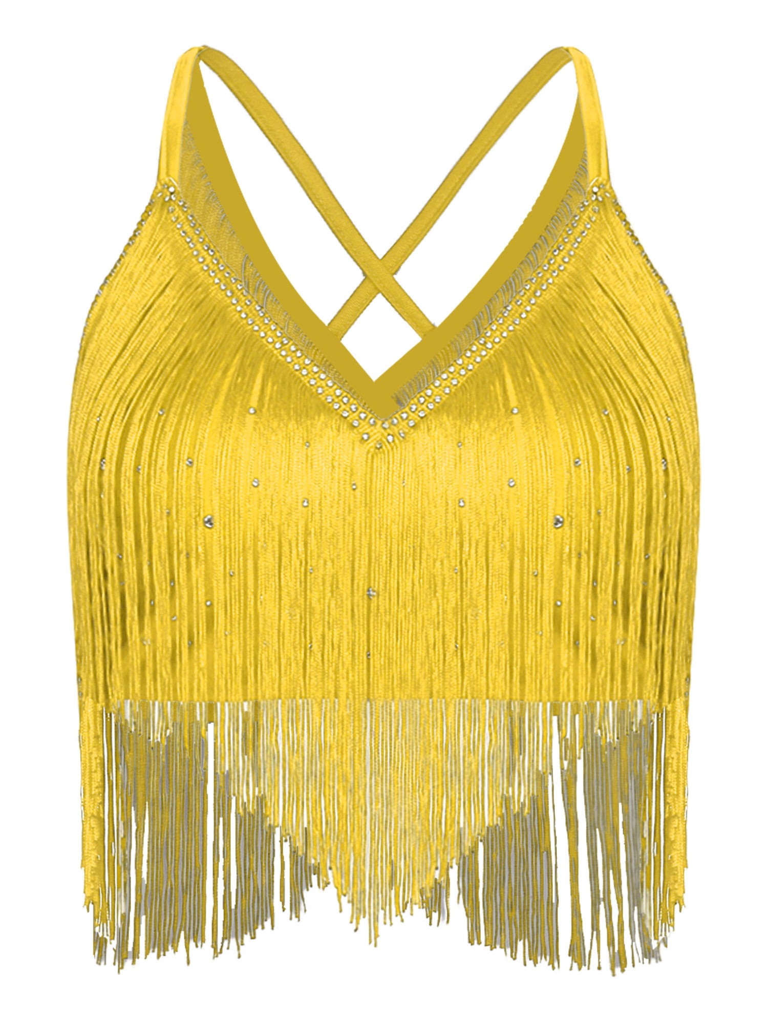 Kaerm Women's Belly Dance Tops V Neck Sleeveless Fringe Crop Top Yellow — free download