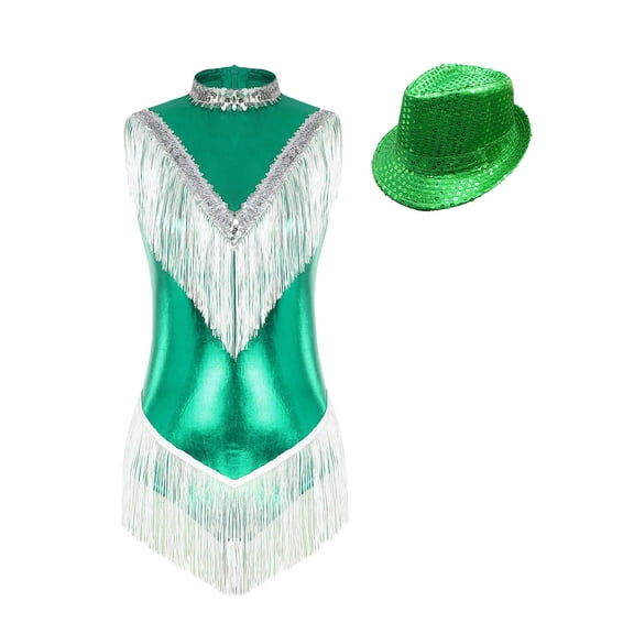 Kaerm Women's Cheer Leader Fancy Uniform Cheerleading Dance Outfits Halloween Party Tassel Leotard Green S
