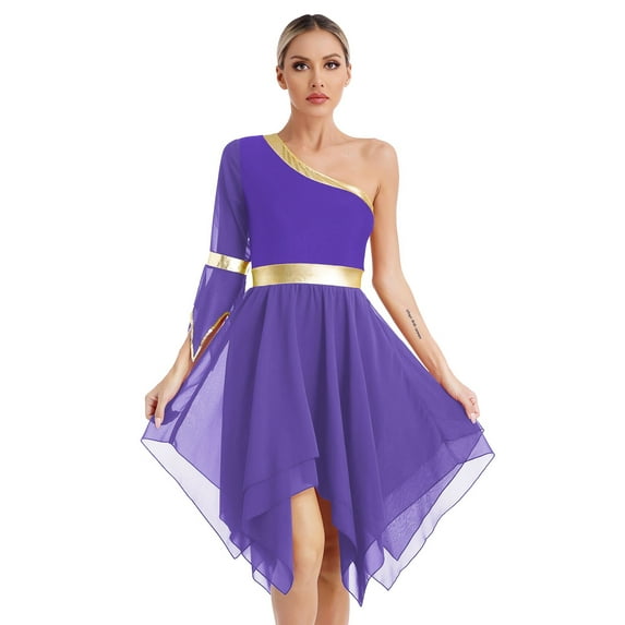 Kaerm Women's Irregular Liturgical Praise Dance One Shoulder Sequin Trim Tunic Worship Dance Dress Purple XXL