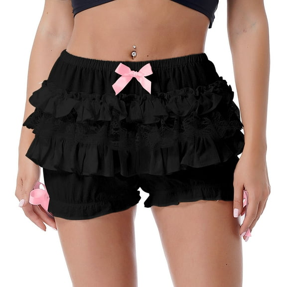 Kaerm Women's Lace Ruffle Layered Bloomer Booty Shorts Frilly Pettipants Pumpkin Pants Underwear Black S