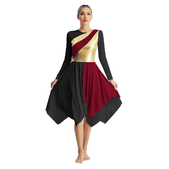 Kaerm Women's Long Sleeve Praise Dance Dress Metallic Color Block Liturgical Worship Tunic Burgundy&Black XXL