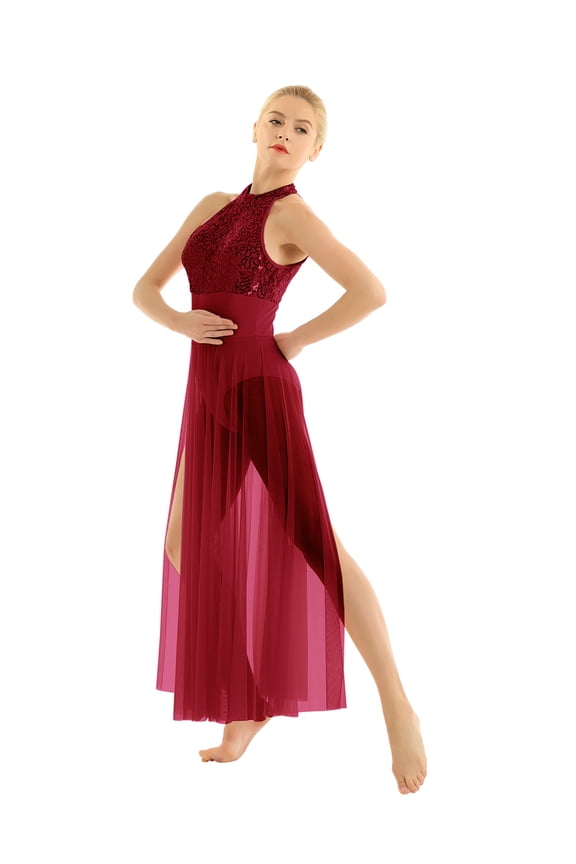 Women's Lyrical Dance Dress Halter Sequins Tank Leotard Split Tulle Maxi Dress Ballroom Burgundy L