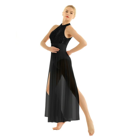 Kaerm Women's Lyrical Dance Dress Halter Sequins Tank Leotard Split Tulle Maxi Dress Ballroom Black XL