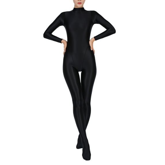 Kaerm Women's One Piece Glossy Bodystocking Smooth Long Sleeve Full Body Jumpsuit Catsuit Dancewear Black 3XL