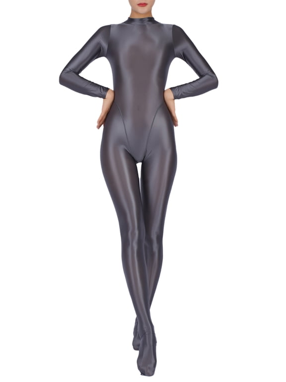 Women's One Piece Glossy Bodystocking Smooth Long Sleeve Full Body Jumpsuit Catsuit Dancewear Grey 3XL