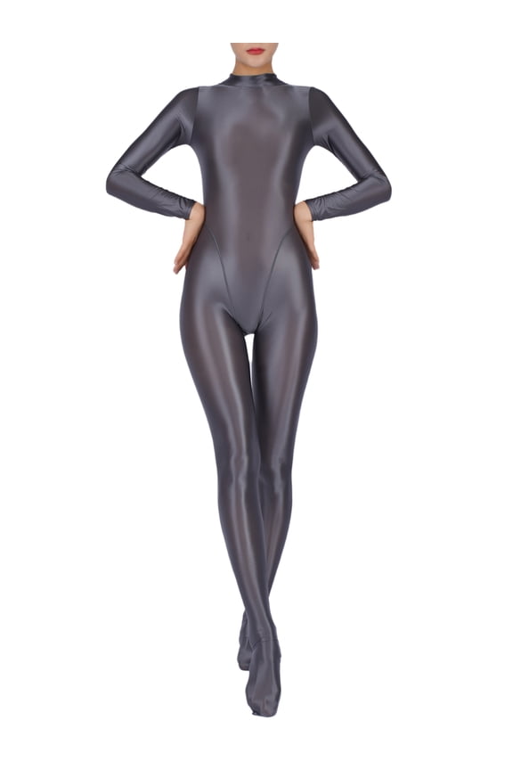 Women's One Piece Glossy Bodystocking Smooth Long Sleeve Full Body Jumpsuit Catsuit Dancewear Grey 3XL