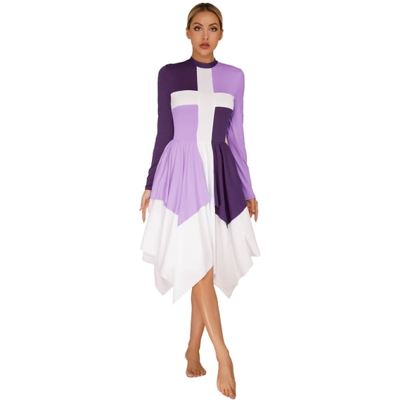 Kaerm Women's Praise Dance Tunic Long Sleeve Color Block Irregular Hem Church Worship Lyrical Dance Dress Purple S