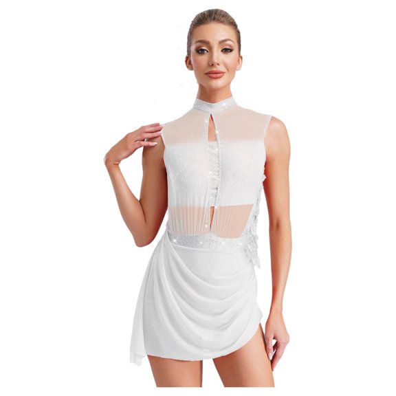 Kaerm Women's Rhinestone Lyrical Dance Dress Sleeveless Backless Skirt Leotard Contemporary Dancewear Ivory S