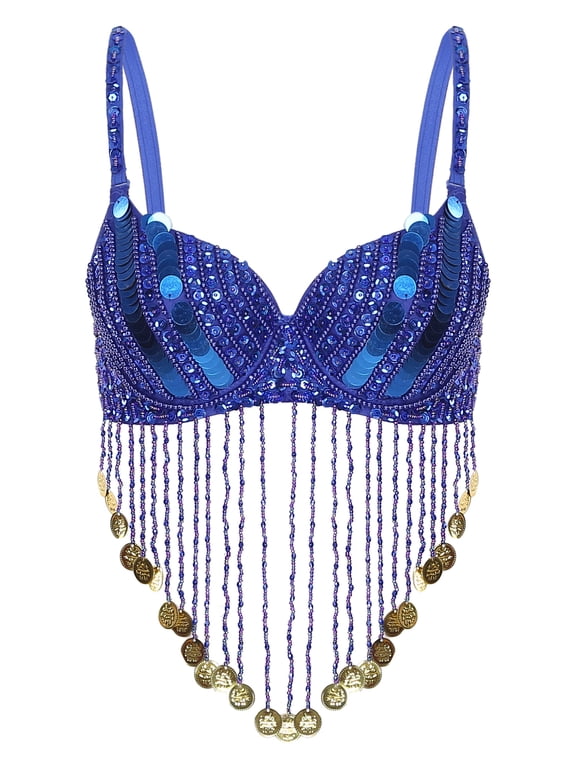 Women's Sequin Beaded Belly Dance Bra Tops with Tassels Dance Costume for Music Festival Club Royal Blue One Size