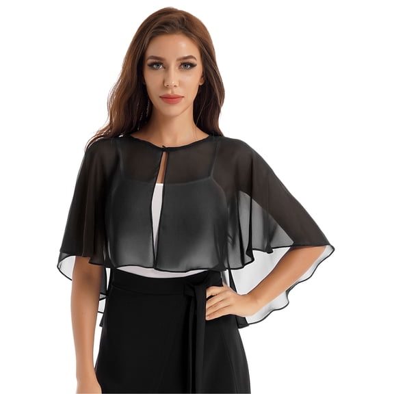 Kaerm Women's Soft Chiffon Shawl Wraps Sheer Shrug for Evening Dress Wedding Cape Cover Up Black One Size