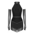 thumbnail image 1 of Kaerm Women's Sparkling Rhinestone Tassel Bodysuit Latin Jazz Dance Skirted Leotard with 1 Pair Gloves Black XL, 1 of 7