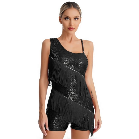 Kaerm Women's Sparkling Sequins Leotard Tassels Cocktail Ballroom Party Salsa Rumba Dancewear Black XL