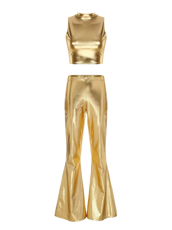 Womens 70s Disco Vintage Dance Outfits PVC Leather Crop Tank Tops Bell Bottoms Flared Pants Set Gold M