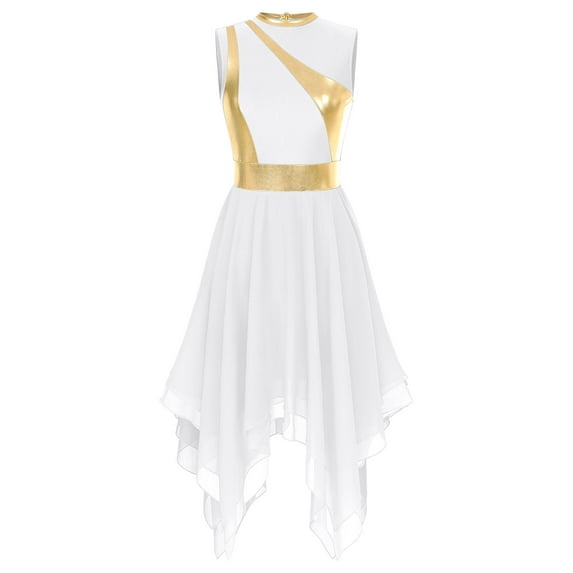 Kaerm Womens Lyrical Liturgical Praise Dance Tunic Gold Color Block Metallic Irregular Worship Dance Dress White 3XL