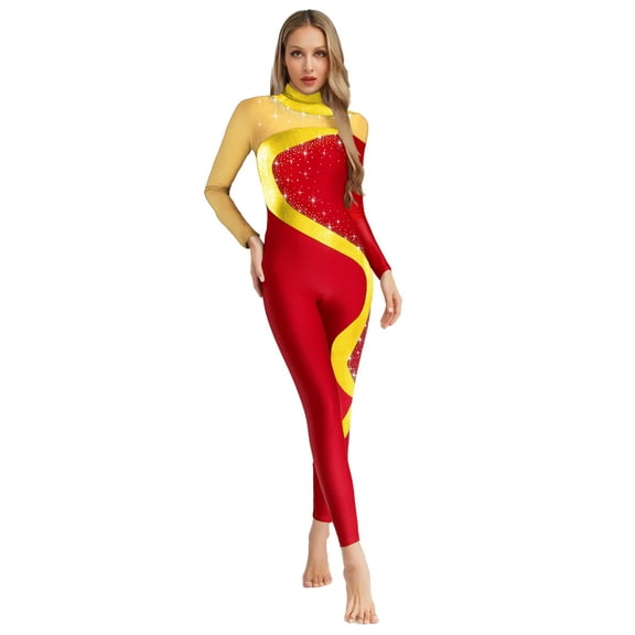 Kaerm Womens Mock Neck Figure Ice Skating Jumpsuit Gymnastic Dance Leotard Unitard Bodysuit Burgundy M