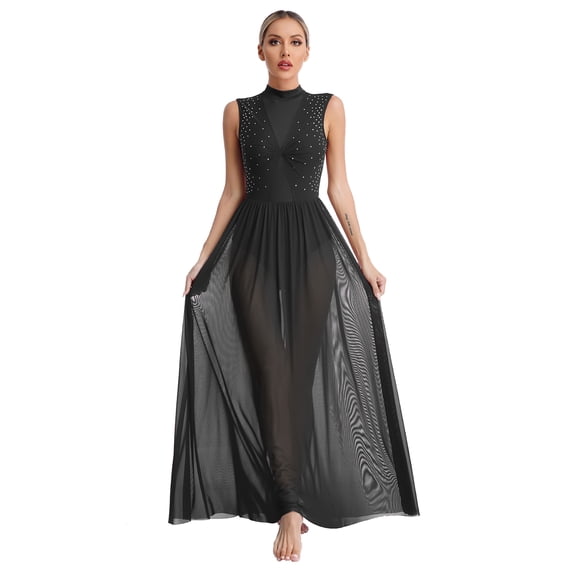 Kaerm Womens Shiny Rhinestone Lyrical Dance Dress Sleeveless Open Back Sheer Mesh Overlay Leotard Dress Black XL