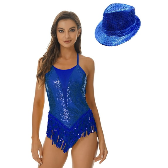 Kaerm Womens Shiny Sequins Jazz Leotards Latin Dance Fringe Bodysuit Jazz Dance Oufits with Hat Royal Blue XXL