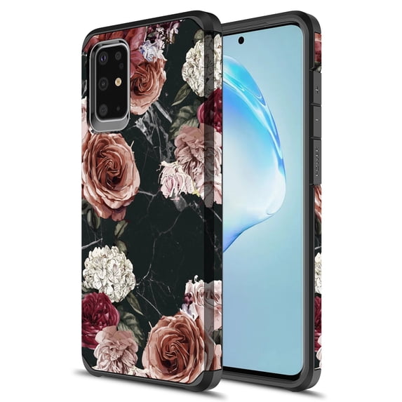 Kaesar Black Marble Flower Dual Layer Shockproof Cell Phone Case for Samsung Galaxy S20 Ultra, Black
