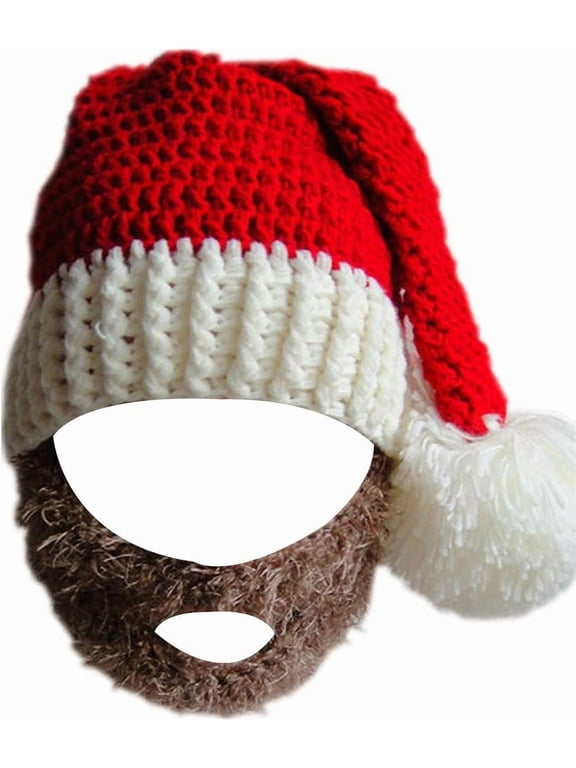 Unisex Christmas Winter Knitted Crochet Beanie Santa Hat with Beard Foldaway Bearded Caps