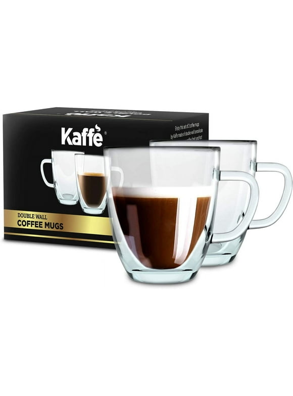 Kaffe 16oz Glass Coffee Mugs. Large Double-Wall Borosilicate Glass Coffee Cups. Perfect insulation for Latte, Cappuccino, Tea. Set of 2 (Two)