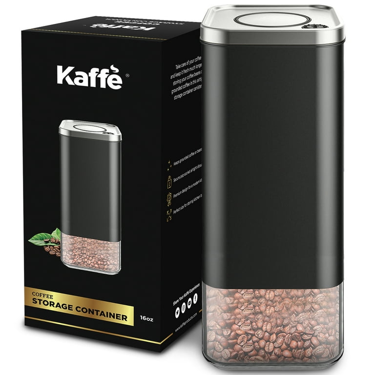 Kaffe Glass Storage Container. Coffee Canister - BPA Free Stainless Steel with Airtight Lid (16oz)