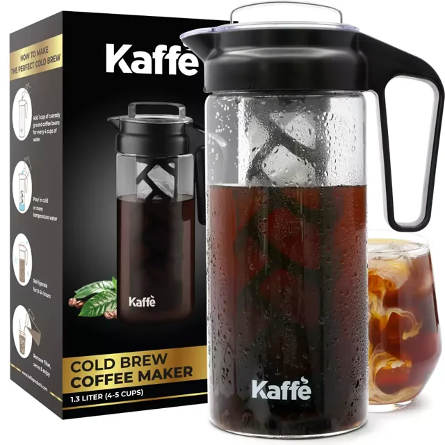 Kaffe Cold Brew Coffee Maker, 1.3L cold brew pitcher, Cold brew coffee and Tea Brewer, Easy to clean Mesh filter, iced coffee accessory, Tritan Glass cold coffee maker
