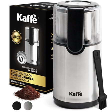Kaffe Electric Blade Coffee Grinder w/Removable Cup. 4.5oz 14-Cup Capacity. Cleaning Brush Included. Perfect Grinder for Coffee, Tea, Spices, Corn, Herbs. (Stainless Steel)