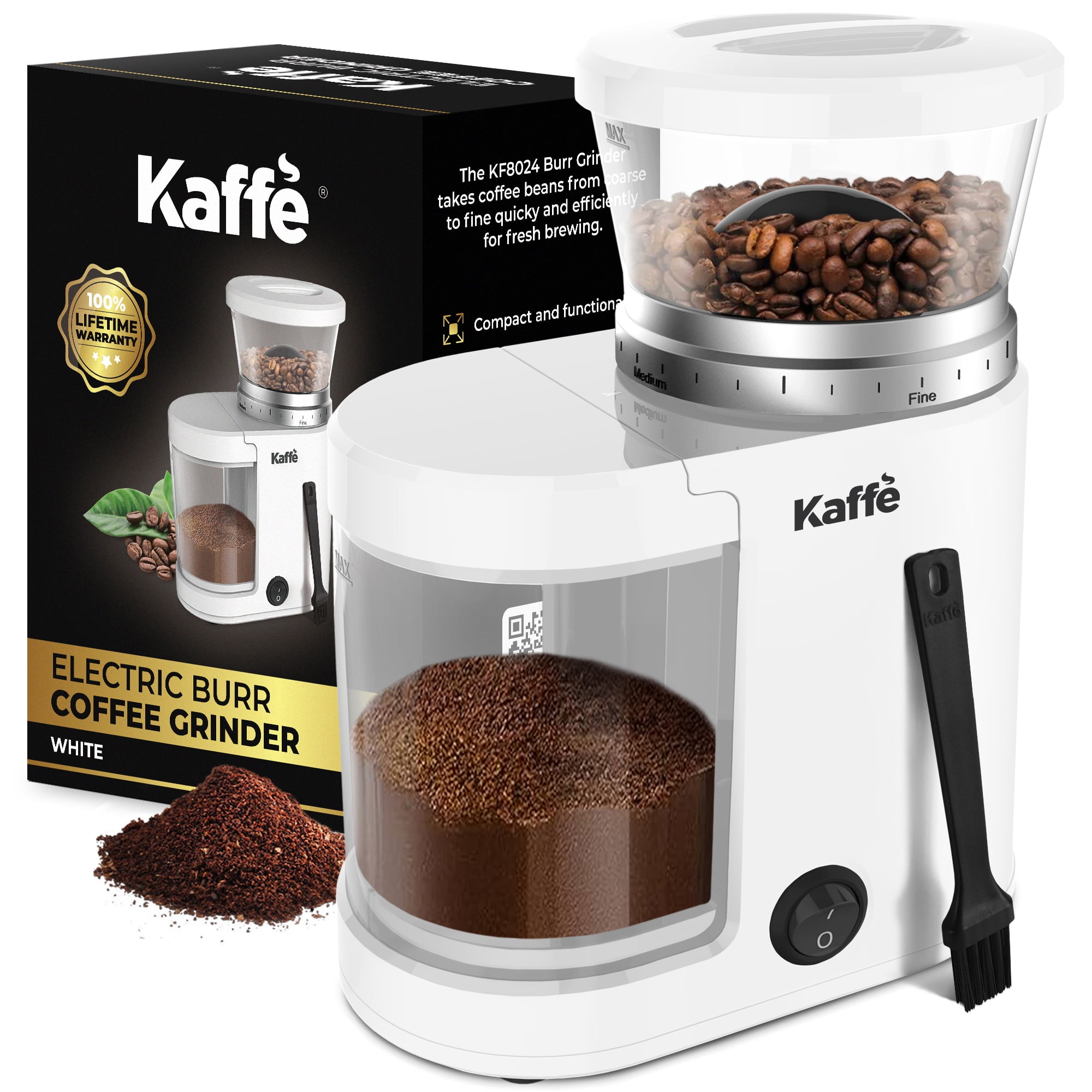 Kaffe Electric Burr Coffee Grinder (5.5oz) w/ Adjustable Coarseness Settings - Flat Burr - [New Upgraded Motor ] - Precision Coffee Bean Grinder for Home Use - White