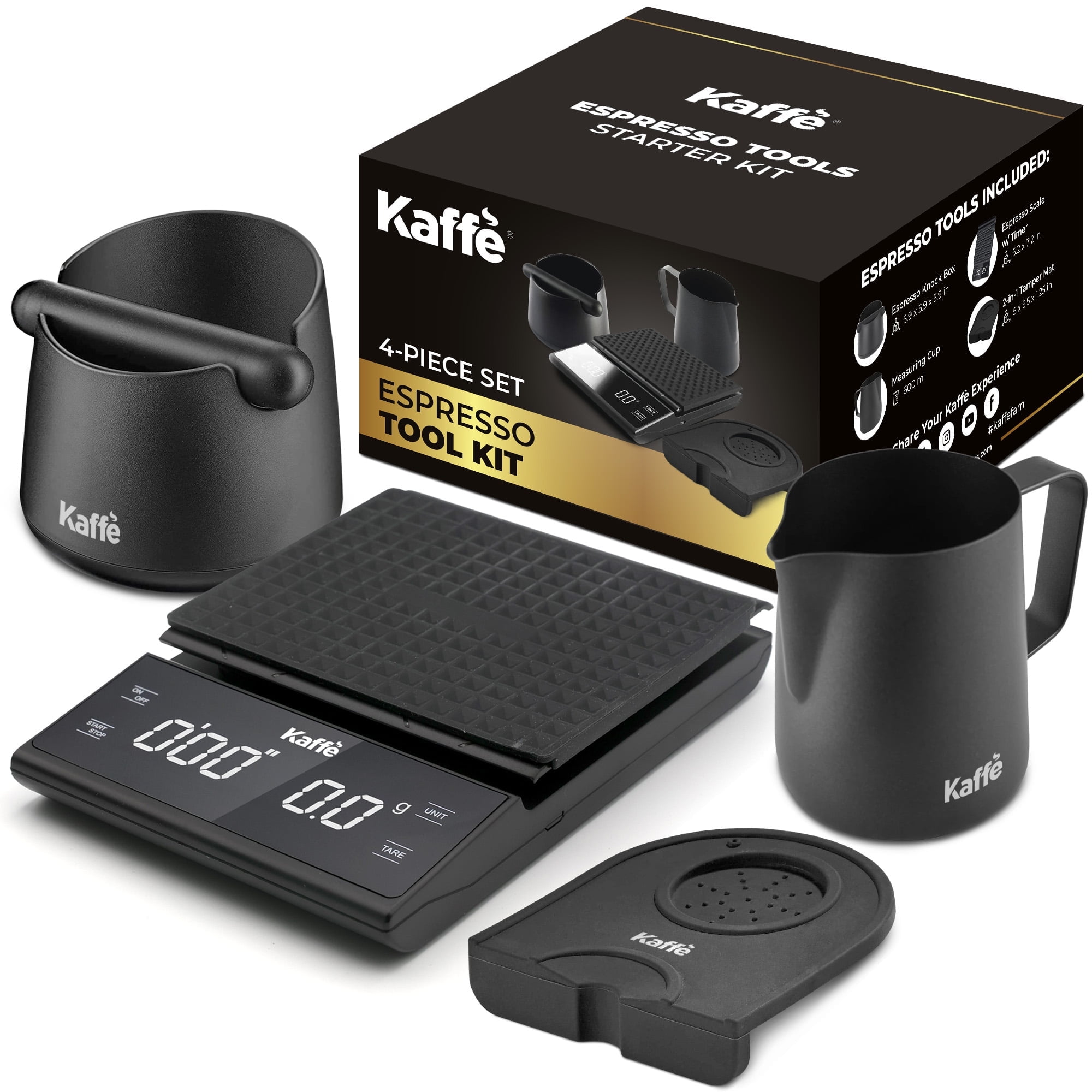 Kaffe Espresso Tool Kit, 4-Piece Set Digital Scale, Knock Box, Milk Frothing Pitcher, and Tamping Mat for Espresso Machines