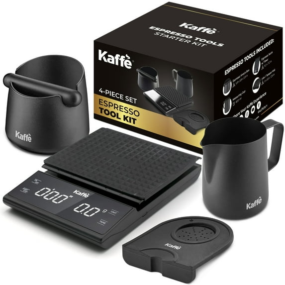 Kaffe Espresso Tool Kit, 4-Piece Set – Digital Scale, Knock Box, Milk Frothing Pitcher, and Tamping Mat for Espresso Machines