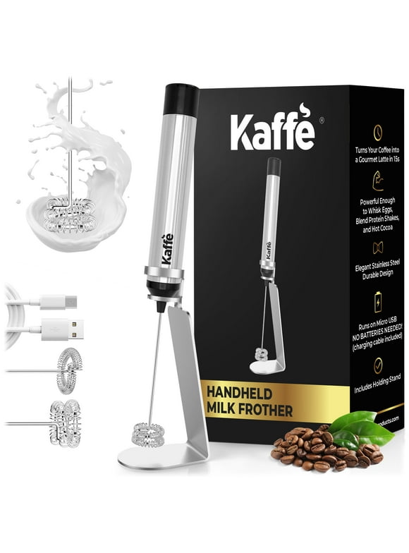 Kaffe Handheld Milk Frother Whisk with Stand. Stainless Steel Pro-Grade Powerful Motor USB Battery Operated (No Batteries Reqd) Electric Foamer. Single/Double Wands & Holding Stand Included