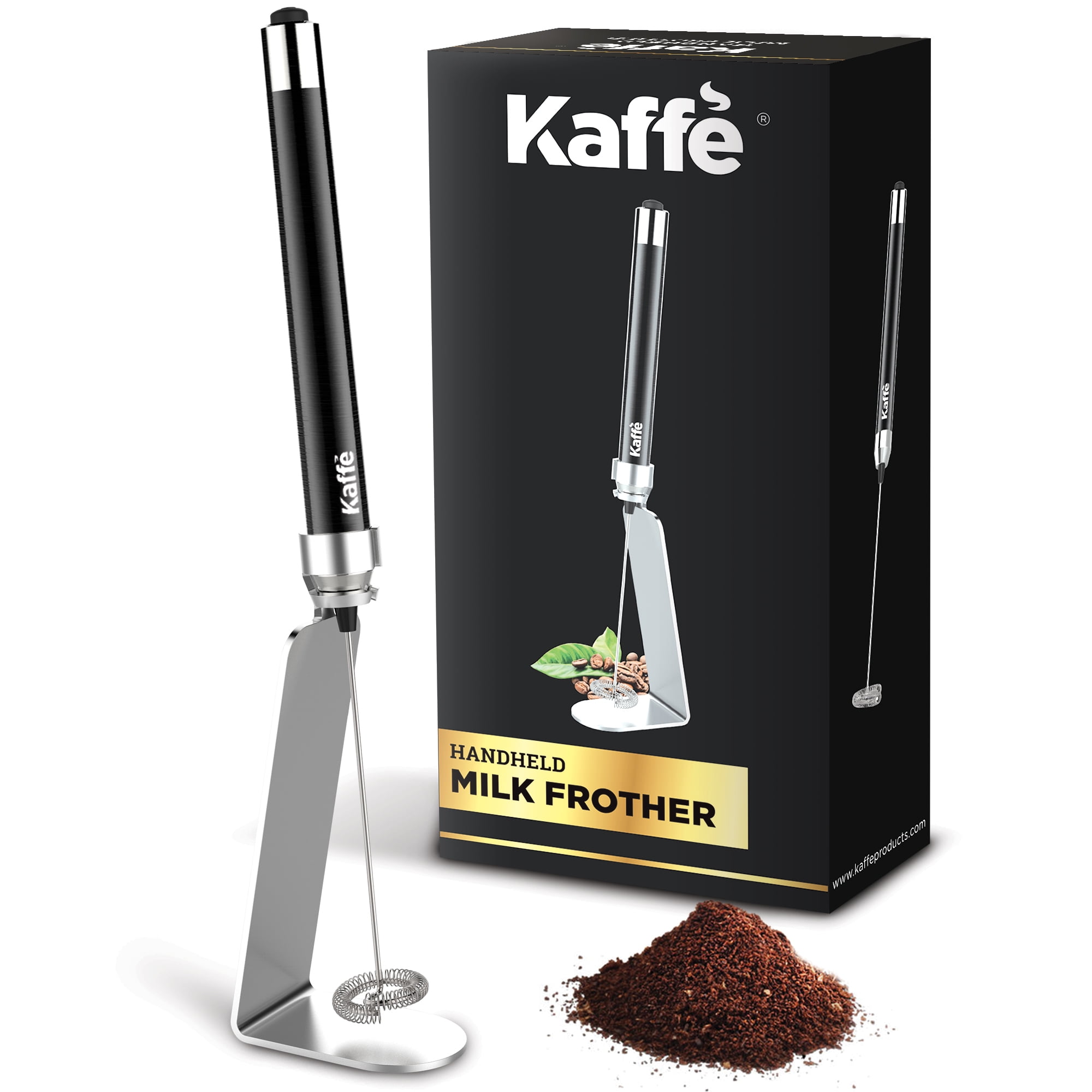 Kaffe Handheld Milk Frother Whisk with Stand. Stainless Steel Battery  Operated Electric Foamer (Black) 