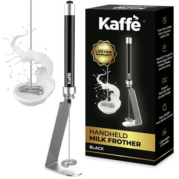 Kaffe Handheld Milk Frother Whisk with Stand. Stainless Steel Battery Operated Electric Foamer (Black)