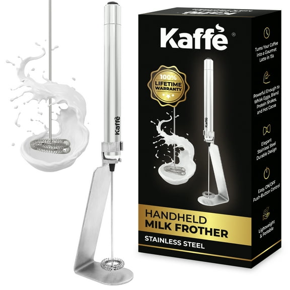 Kaffe Handheld Milk Frother w/ Stand, Battery Operated, Stainless Steel