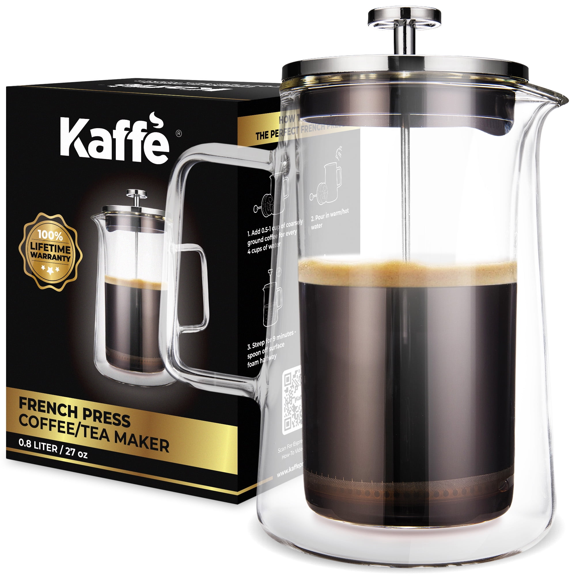 Double-Wall Borosilicate Glass French Press Coffee Maker 27oz