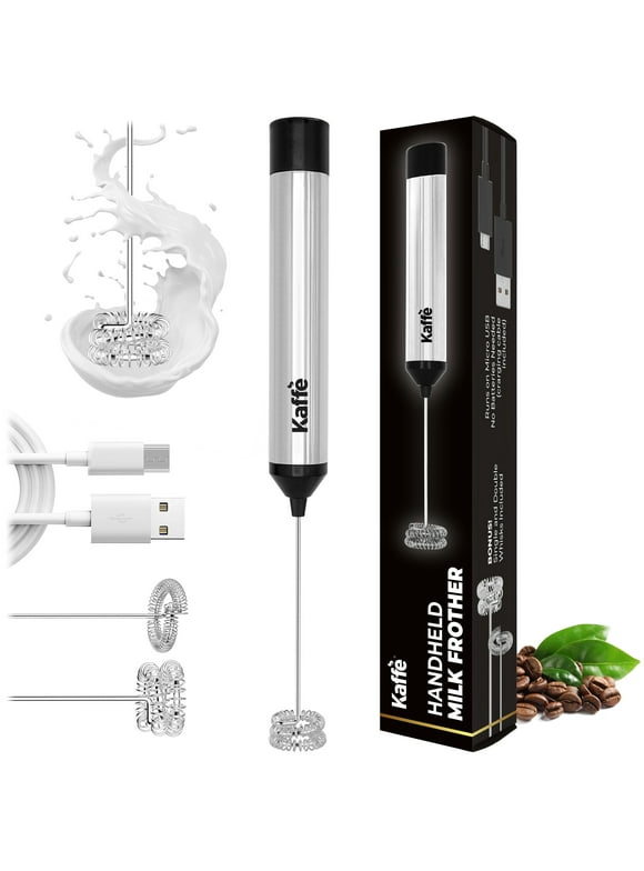 Kaffe Premium Milk Frother. Milk Frother Handheld for Coffee. Handheld Milk Frother Electric w/Powerful Rechargeable Motor (No Batteries Reqd. Includes USB Cable, Single/Double Whisks)
