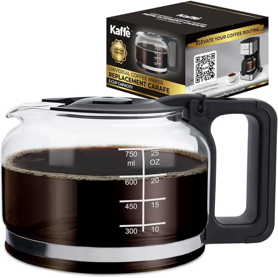 Kaffe Universal Replacement Coffee Carafe - 5 Cup Glass Pot for Drip Makers Glass, Easy-Grip Handle, Sneak-A-Cup Compatible Capacity Markings, Dishwasher Safe