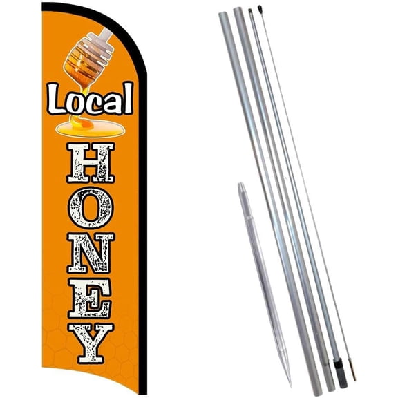 Kafly Local Honey Premium Windless Feather Flag Bundle (11.5' Tall Flag, 15' Tall Flagpole, Ground Mount Stake) L