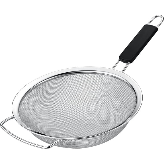 Kafoor 9" Large Fine Mesh Strainer with Thermo Plastic Rubber Handle - Sieve Fine Mesh Stainless Steel - Ideal to Strain Pasta, Quinoa and Rice.