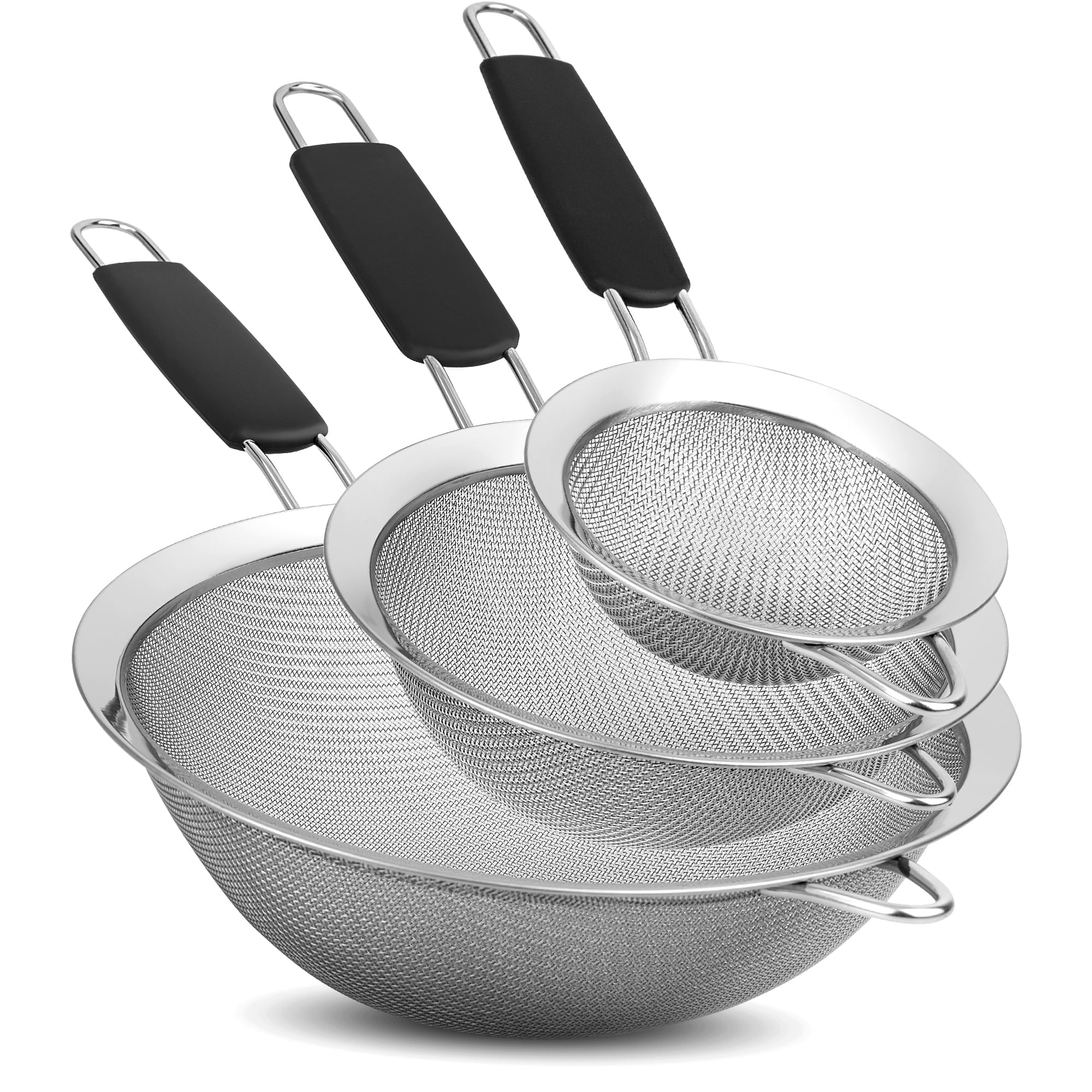 KAFOOR Stainless-Steel Hand Held Colander Tea Strainer Sifter with Handle, Dishwasher Safe, Set of 3 Sizes