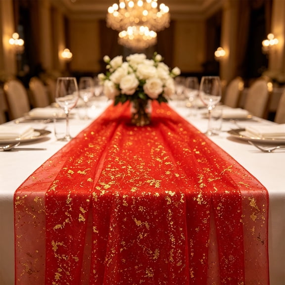 Kafsov 100% Polyester Sheer Mesh Table Runner with Metallic Foil Glitter for Weddings, Parties, Banquets and Events Red